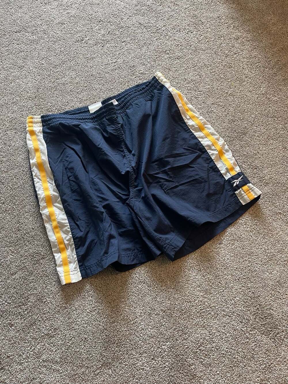 Vintage Reebok Navy Blue White Yellow Stripe Athletic Shorts Medium